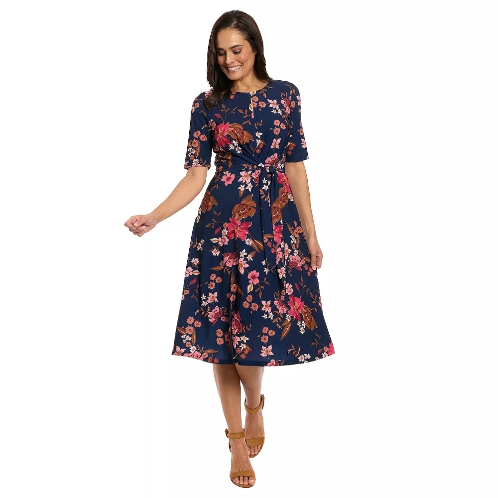 NWT-London Times Navy/Red Floral Elbow Sleeve Side Tie Fit & Flare Midi Dress-14 - Picture 2 of 16